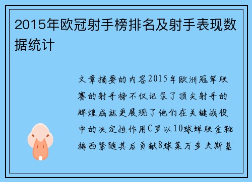 2015年欧冠射手榜排名及射手表现数据统计